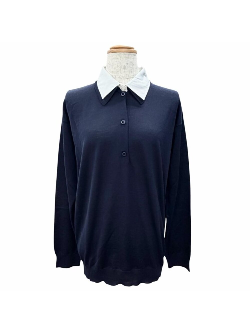 Prada 100% Virgin Wool Collared 2-Way Long Sleeve Knit Polo Shirt Top Navy 44